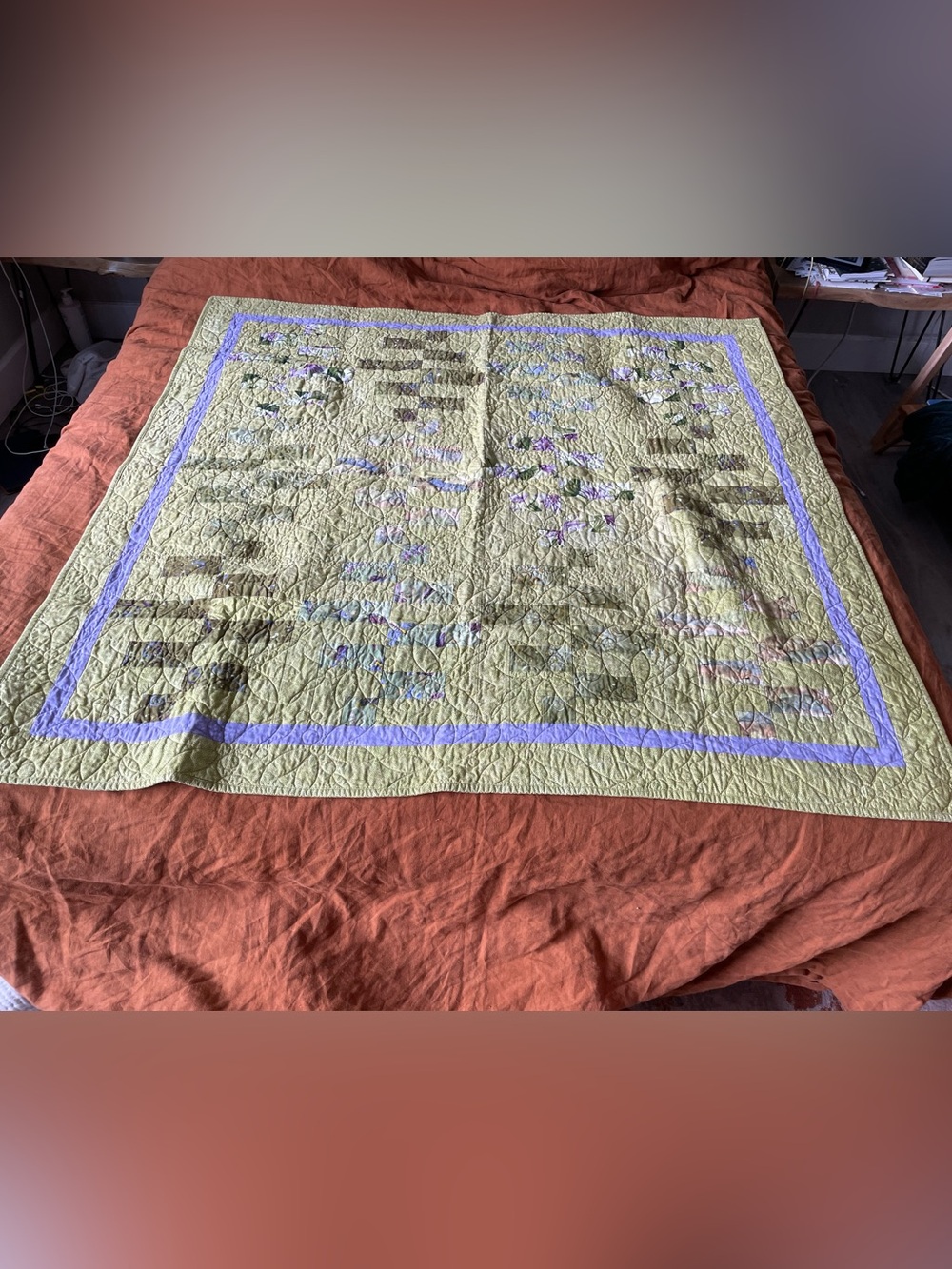 Handmade Floral Patchwork Quilt in Light Green and Lavender